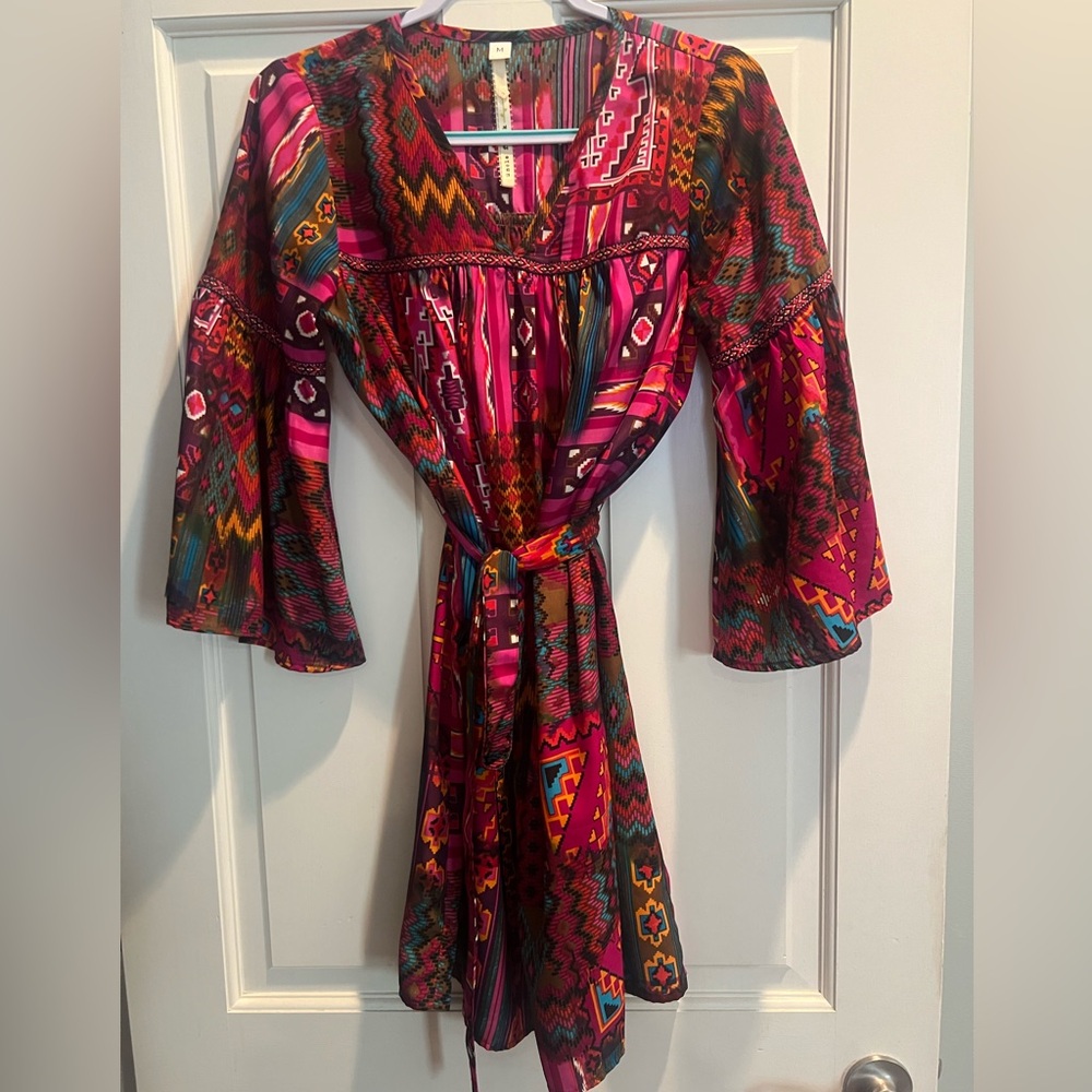 Uncle Frank Multicolor Boho Long Sleeve Dress - Pink, Red, Teal, Yellow